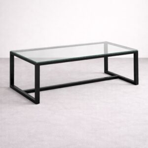 Mesa central | PRISMA rectangular con estructura tubular metálica y superficie en vidrio templado